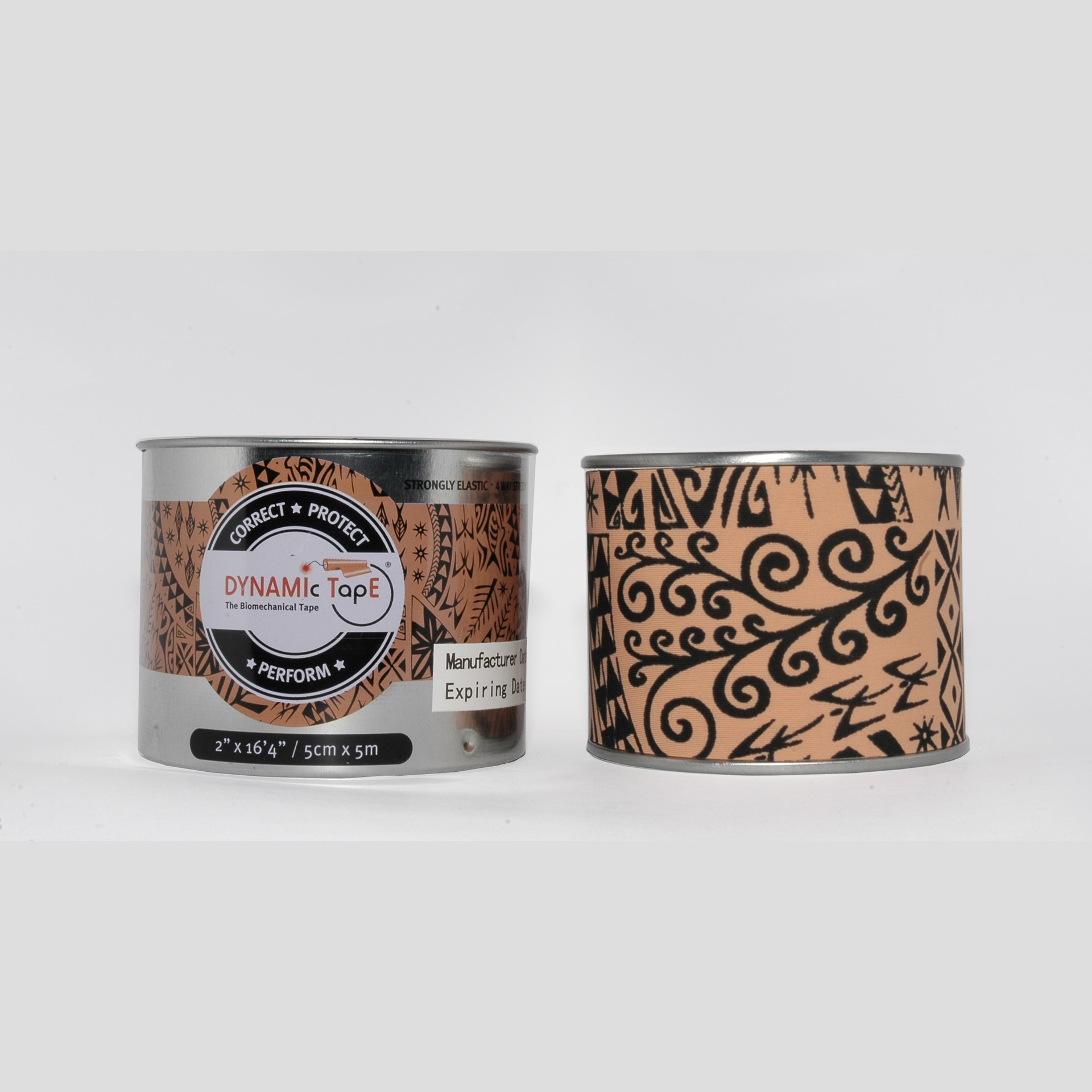 Dose und Rolle Dynamic Tape Standard 5 cm, Beige mit schwarzem Tattoo-Muster