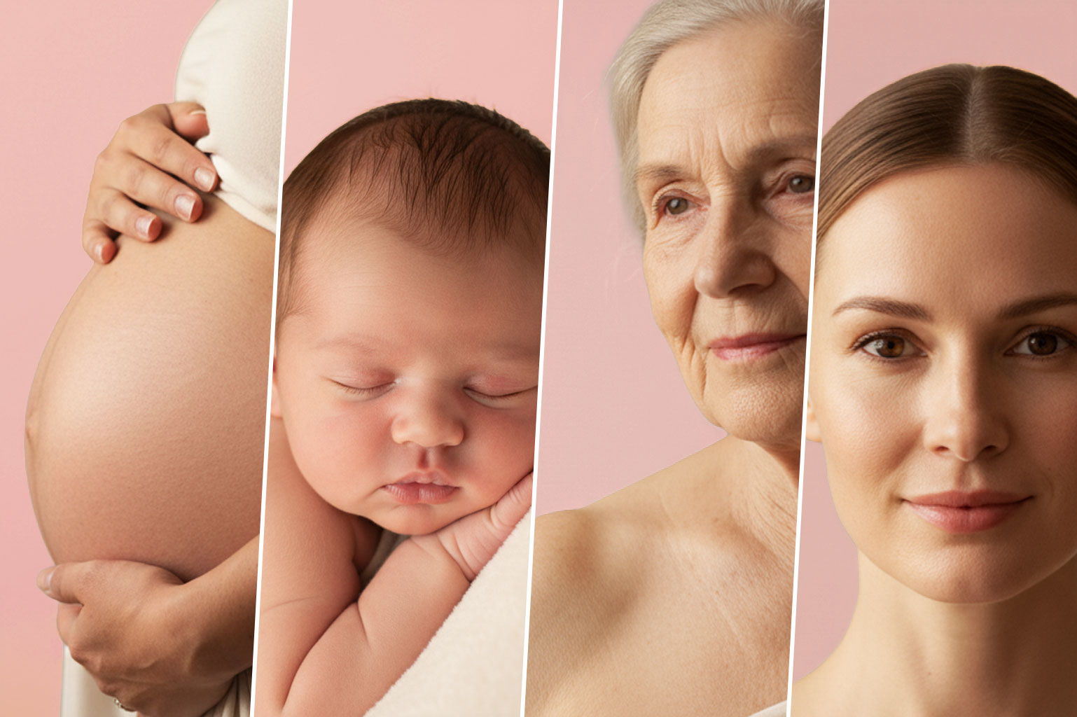Collage aus vier Bildern: schwangerer Bauch, schlafendes Neugeborenes, ältere Frau und junge Frau – Darstellung verschiedener Lebensabschnitte, in denen sanftes Kinesiotaping angewendet werden kann.
