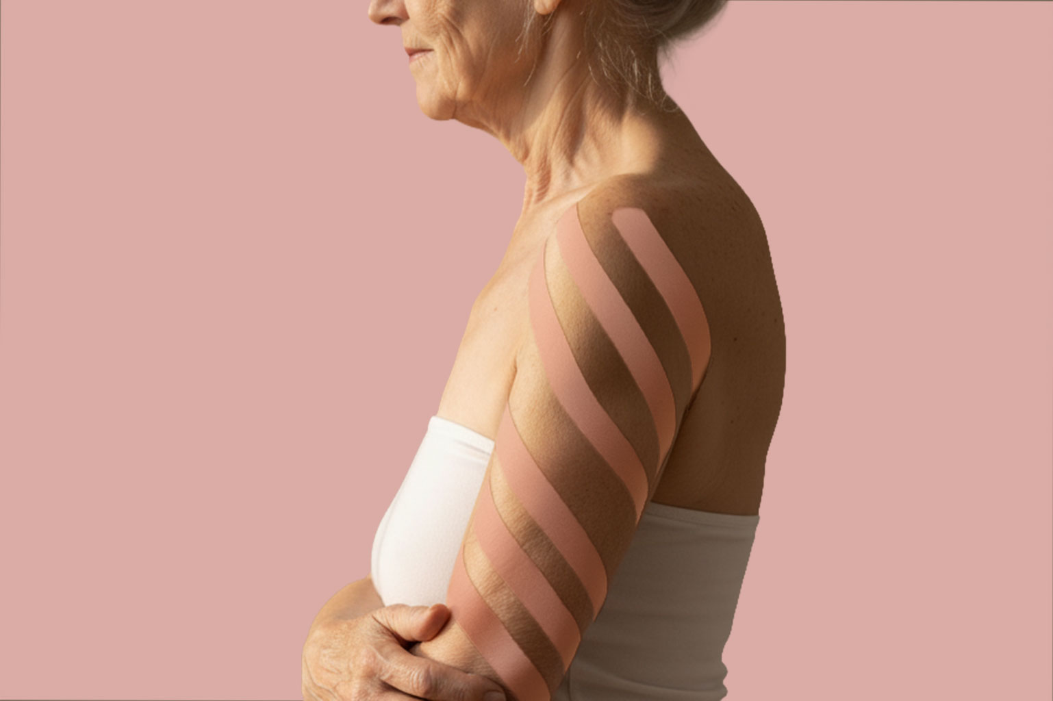 Ältere Frau im Profil mit mehreren rosafarbenen Kinesiotapes entlang des Oberarms und der Schulter, vor einfarbig rosigem Hintergrund.