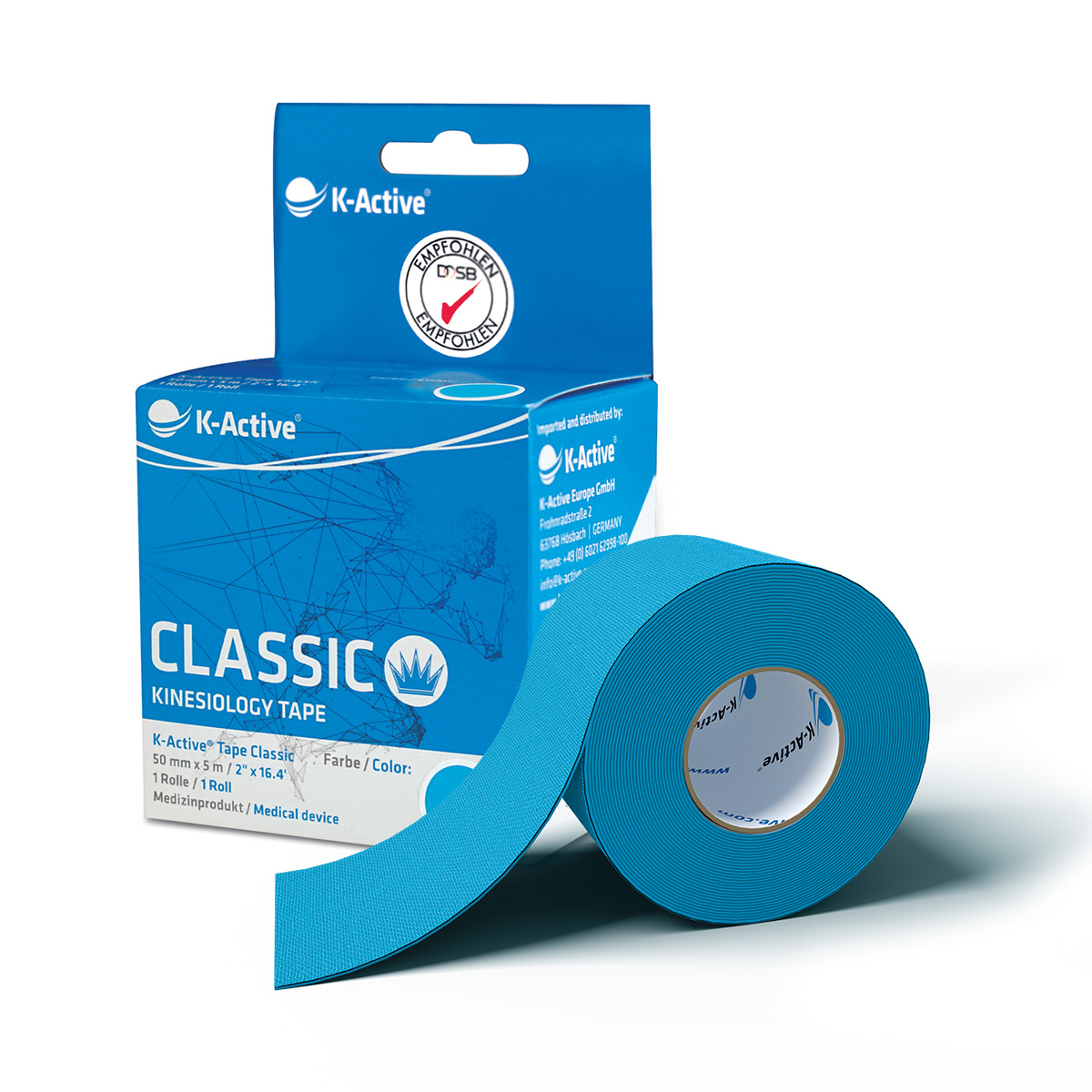 K-Active® Tape Classic 1er-Box 5m Kactive_Tapeverpackung_Classic_1er_Blau_mitRolle